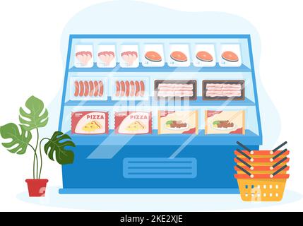 Frozen Food Store mit Produkten, die mit Folie und Beutel gesaugt werden, um frisch zu sein in handgezeichneter Cartoon-Vorlage Illustration Stock Vektor