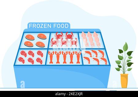 Frozen Food Store mit Produkten, die mit Folie und Beutel gesaugt werden, um frisch zu sein in handgezeichneter Cartoon-Vorlage Illustration Stock Vektor