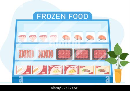 Frozen Food Store mit Produkten, die mit Folie und Beutel gesaugt werden, um frisch zu sein in handgezeichneter Cartoon-Vorlage Illustration Stock Vektor