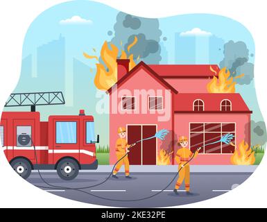 Feuerwehr mit Feuerwehrleuten, die Haus, Wald löschen und Menschen in verschiedenen Situationen helfen in flacher Hand gezeichneter Cartoon Illustration Stock Vektor