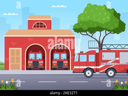 Feuerwehr mit Feuerwehrleuten, die Haus, Wald löschen und Menschen in verschiedenen Situationen helfen in flacher Hand gezeichneter Cartoon Illustration Stock Vektor