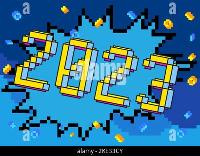 2023. Verpixelte Zahl mit geometrischem grafischem Hintergrund. Vektorgrafik Cartoon-Illustration. Stock Vektor