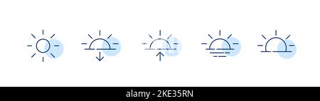 5 Wetterprognosesymbole. Die Sonne geht unter, geht auf und scheint. Pixel-perfekte, bearbeitbare Strichsymbole Stock Vektor