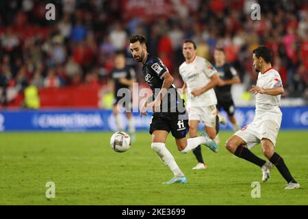 Sevilla, Spanien. 9.. November 2022. Brais Mendez (Sociedad) Fußball: Spanisches Spiel „La Liga Santander“ zwischen dem FC Sevilla 1-2 Real Sociedad im Estadio Ramon Sanchez-Pizjuan in Sevilla, Spanien. Quelle: Mutsu Kawamori/AFLO/Alamy Live News Stockfoto