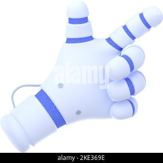 3D Abbildung einer Roboterhand, die den Finger isoliert auf weißem Hintergrund nach oben zeigt. Roboter zeigt die Richtung an, drückt die Taste, wählt Menüelement auf der Webseite aus. Chatbot-Design-Symbol. Moderne Technologie Stockfoto
