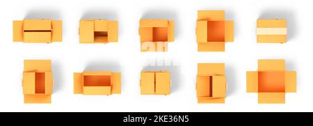 3D isolierte Symbole aus Kartons auf weißem Hintergrund darstellen. Geschlossene und offene Pakete, Lieferung Frachtpakete Draufsicht, realistische Darstellung Stockfoto