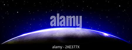 Erde oder ein anderer Planetenrand im Sonnenaufgangslicht auf dem Hintergrund des schwarzen Himmels mit Sternen. Weltraum mit Planetenglobus mit blauem Leuchten der Atmosphäre am Horizont, Vektor-realistische Illustration Stock Vektor