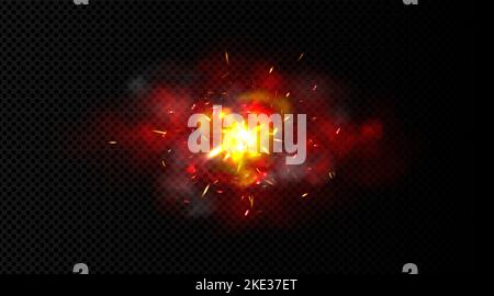 Lichteffekt mit rotem Rauch, Bombenexplosion, Schweißfunken oder Metallschneidmesser. Realistisches Feuerwerk, Blütenblatt oder dampfendes Lagerfeuer. Helle elektrische Kreissäge, 3D Vektor fliegende funkelnde Glut Stock Vektor