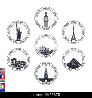 Sehenswürdigkeiten von einigen Städten der Welt. Serie von Marken auf weißem Hintergrund. Stock Vektor