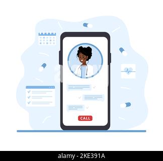 Online-Arzt. Afrikanische Therapeutin auf dem Smartphone mit Videoanruf. Virtuelle medizinische Beratung und Unterstützung. Telemedizinisches Konzept. Gesundheitswesen Stock Vektor