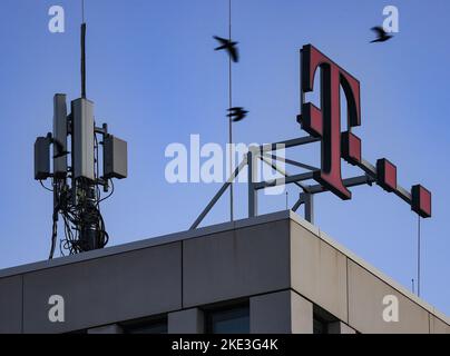 Bonn, Deutschland. 10.. November 2022. Vögel fliegen über das Logo der Telekom-Zentrale. Das Unternehmen legt seine Bilanzzahlen für das dritte Quartal vor. Quelle: Oliver Berg/dpa/Alamy Live News Stockfoto