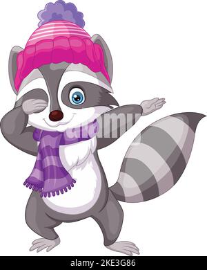 Cartoon Waschbär Dabbing mit Hut und Schal Stock Vektor