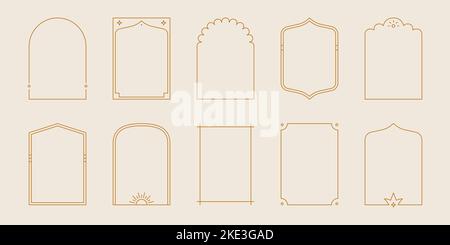 Boho Mystic Arch Frame Set. Minimalistischer Bogen im Linienstil, ovaler Boho-Rahmen mit Stern, geometrisches Element für Abzeichen, Logo-Design. Vektorgrafik. Stock Vektor