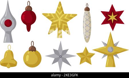 Dekorationen für Weihnachtsbaum. Farbige Illustration im flachen Boho-Stil. Konzept für Winterurlaub und Feiern. Kugeln, Sterne, Eiszapfen Dekor. Stock Vektor