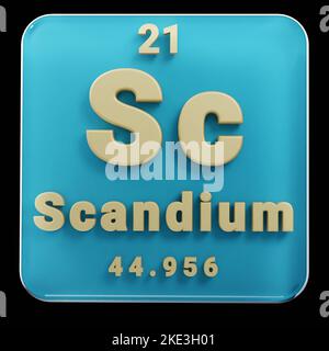 Schöne abstrakte Illustrationen stehen schwarz und rot Scandium Element des Periodensystems. Modernes Design mit goldenen Elementen, 3D Rendering illu Stockfoto