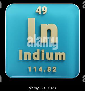 Schöne abstrakte Illustrationen stehen schwarz und rot Indium Element des Periodensystems. Modernes Design mit goldenen Elementen, 3D Rendering illust Stockfoto