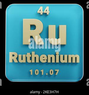 Schöne abstrakte Illustrationen stehen schwarz und rot Ruthenium Element des Periodensystems. Modernes Design mit goldenen Elementen, 3D Rendering ill Stockfoto