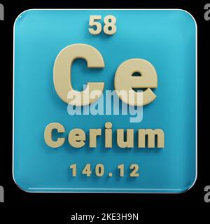 Schöne abstrakte Illustrationen stehen schwarz und rot Cerium Element des Periodensystems. Modernes Design mit goldenen Elementen, 3D Rendering illust Stockfoto