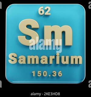 Schöne abstrakte Illustrationen stehen schwarz und rot Samarium Element des Periodensystems. Modernes Design mit goldenen Elementen, 3D Rendering illu Stockfoto