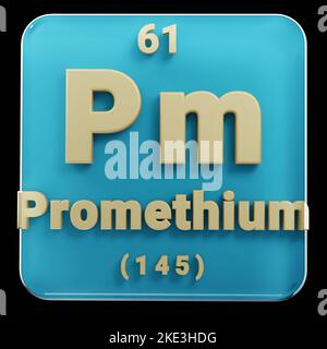 Schöne abstrakte Illustrationen stehen schwarz und rot Promethium Element des Periodensystems. Modernes Design mit goldenen Elementen, 3D Rendering il Stockfoto