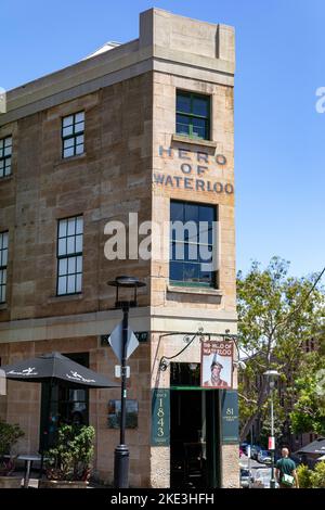 Hero of Waterloo public House in Millers Point Sydney, behauptet, Australiens ältester Pub zu sein, erbaut aus dem 19.. Jahrhundert, im Stadtzentrum von Sydney, NSW, Australien Stockfoto