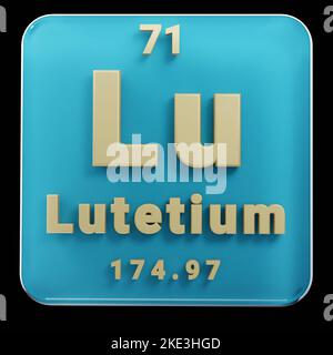 Schöne abstrakte Illustrationen stehen schwarz und rot Lutetium Element des Periodensystems. Modernes Design mit goldenen Elementen, 3D Rendering illu Stockfoto