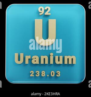 Schöne abstrakte Illustrationen stehen schwarz und rot Uranelement des Periodensystems. Modernes Design mit goldenen Elementen, 3D Rendering illus Stockfoto