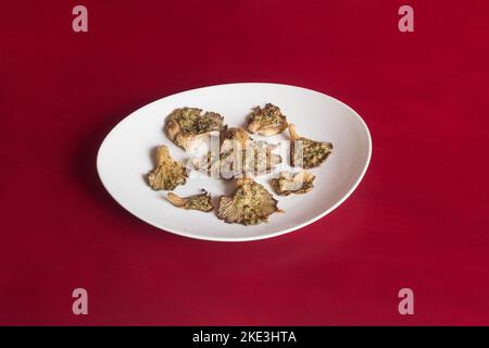 Eine Portion gebackene Pilze mit Knoblauch, Chili und Petersilie auf einer eleganten weißen Keramikplatte in einem farbenfrohen Studiohintergrund mit Kopierfläche. Gesundheit Stockfoto