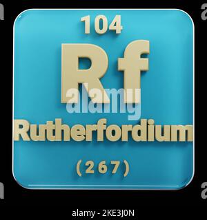Schöne abstrakte Illustrationen stehen schwarz und rot Rutherfordium Element des Periodensystems. Modernes Design mit goldenen Elementen, 3D Rendering Stockfoto
