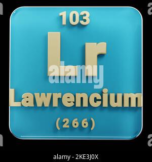 Schöne abstrakte Illustrationen stehen schwarz und rot lawrencium Element des Periodensystems. Modernes Design mit goldenen Elementen, 3D Rendering il Stockfoto