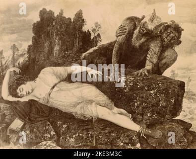 Schlafende Diana beobachtet von zwei Faunen, Gemälde des Schweizer Künstlers Arnold Bocklin, 1890s Stockfoto