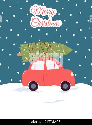 Frohe Weihnachten Grußkarte im Cartoon-Stil. Handgezeichnete Vektorgrafik mit rotem Auto und Weihnachtsbaum auf einem verschneiten Hintergrund Stock Vektor