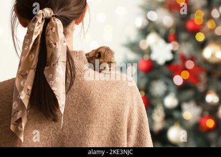 Junge Frau mit niedlichem Kaninchen zu Hause. Grußkarte für das neue Jahr 2023 Stockfoto
