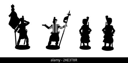 Französischer Sapper, Fahnenträger und Adlerträger. Historische Figuren aus dem Napoleonischen Krieg. Silhouettenzeichnung. Stockfoto