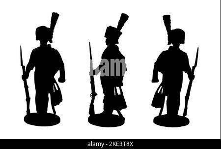 Französischer Soldat auf Wache. Napoleonischer Krieg. Silhouettenzeichnung. Stockfoto