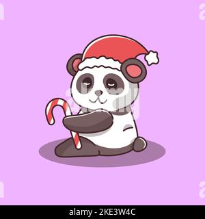 Niedlichen Panda trägt weihnachtsmütze hält weihnachten Lollipop Neujahr weihnachten Vektor-Charakter Stock Vektor