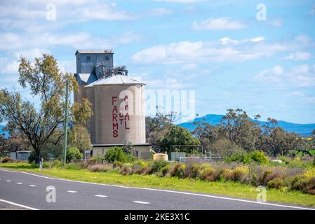 Ein Farmen nicht Kohle Protest anmelden in großen Buchstaben wird auf die Seite eines in Privatbesitz befindlichen Getreidesilo in der Nähe im Outback im Norden Westen von New South Wales lackiert Stockfoto