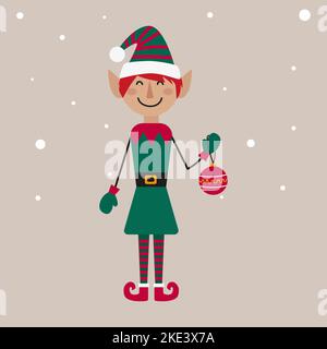 Weihnachten Märchen Charakter Elf hält ein Weihnachtsspielzeug in den Händen Stock Vektor