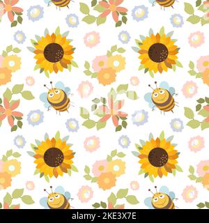 Väterliche Bienen und Sonnenblumen im Sommerthema im Stil von Illustrationen Stock Vektor