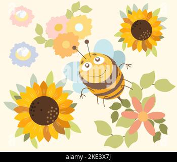 Nette Biene mit Spaß zwischen Blumen und Sonnenblumen Stock Vektor