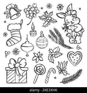 WEIHNACHTEN MALVORLAGEN Niedliche Kaninchen Baby mit Karotte Neujahr Design-Elemente Monochrom Cartoon Hand Drawn Sketch Clipart Vektor Illustration Sammeln Stock Vektor