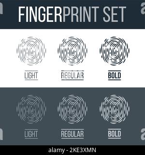 Abstraktes biometrisches Fingerabdruck-Symbolset, Sci-Fi Future Identification Authorization System auf dunklem und weißem Hintergrund Stock Vektor