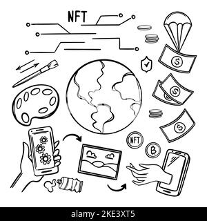 NFT MARKET BUYING Store Online-Verkauf von Kunst und Musikwerken für Krypto-Netzwerk-Technologie für den Handelsmarkt mit nicht-fungible Token für Comme Stock Vektor