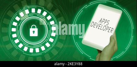 Textunterschrift mit Darstellung von Apps Developer. Business Approach Grafiker Software Programmierer und Analyst Experten Stockfoto