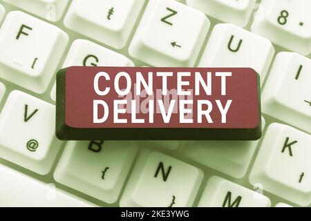 Textschild mit der Anzeige von Content Delivery. Wort, das auf einem geografisch verteilten Netzwerk von Proxyservern geschrieben wurde Stockfoto