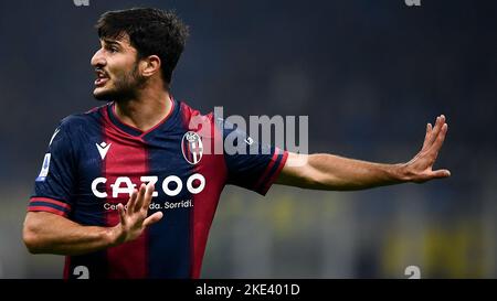 Mailand, Italien. 09. November 2022. Riccardo Orsolini vom FC Bologna reagiert während des Fußballspiels der Serie A zwischen dem FC Internazionae und dem FC Bologna. Kredit: Nicolò Campo/Alamy Live Nachrichten Stockfoto