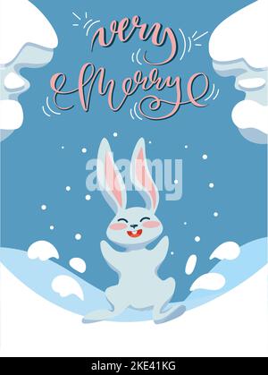 Winter-Grußkarte mit Lustiger Hase auf Schnee Stock Vektor