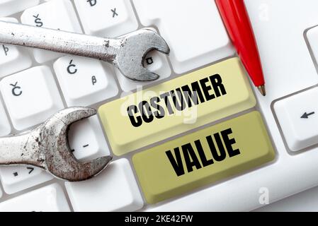 Textunterschrift mit dem Wert des Kunden. Geschäftsansatz Menge an Vorteilen, die Kunden durch den Kauf von Produkten erhalten Stockfoto