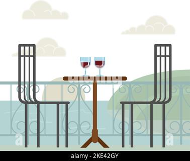 Romantische Szene Weingläser Sonnenuntergang Meerblick Stock Vektor