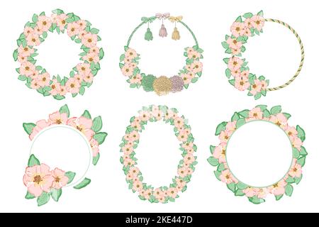 Romantisches handgezeichnetes rosa Rosenblüten-Kränze-Set Stock Vektor
